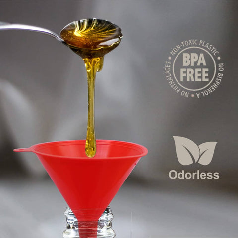 Four Piece Plastic Funnel Set With Nesting Design in Red, super handy funnel transferring liquid to a bottle, BPA-free and odorless