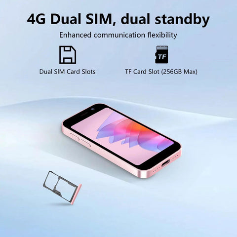 Snag This Slick Pocket Powerhouse Smartphone With Unlocked Four G Network And Generous Five Twelve Gb Memory Featuring HD Touchscreen showing dual SIM card slots.