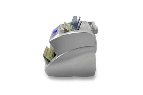 Side view of Workhorse Cash Counter With Counterfeit Detection UV MG IR DD DBL HLF CHN, showing bill sorting and counting display