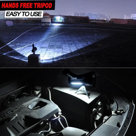 Rechargeable 100000 Lumen Spotlight With COB Flood Light on tripod illuminating rooftop and car engine at night.