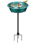Outdoor Bird Bath With Ground Stake, Weather Resistant ABS Bowl, 13 Inch Diameter, 1.45 Gallon Capacity, Green Finish in garden