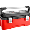 Boss Level Plastic Tool Box With Reinforced Aluminum Bar Secure Quick Click Latches job site ready red black storage with handle.