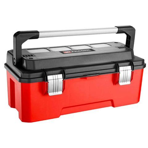 Boss Level Plastic Tool Box With Reinforced Aluminum Bar Secure Quick Click Latches job site ready red black storage with handle.