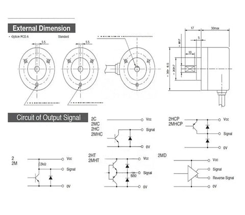 Photoelectric Rotary Incremental Encoder For Elevator Systems, Ultra Compact, Rock Solid Stability, Broad Use In Industrial Automation And Robotics, Supports OVW-06-2MHC OVW-10-2MHT OVW-20-2MD. Technical drawing with dimensions and output circuits.