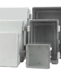 Waterproof Outdoor Electrical Junction Box With Hasp Enclosure Rugged ABS Power Distribution Case For Weatherproof Outdoor Use Sealed Electrical Enclosure To Protect Components 500x400x200mm, front view of grey ABS enclosure