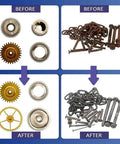 Before and after images showing metal parts cleaned by Electric Vibration Roller Polisher for Jewelry and Small Metal Parts Automatic.