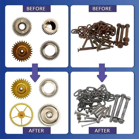 Before and after images showing metal parts cleaned by Electric Vibration Roller Polisher for Jewelry and Small Metal Parts Automatic.