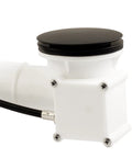 Heavy Duty Matte Black Bath Drain Trim Kit with 27 Inch Cable Drive Rotary Overflow Knob and European Pop Up Stopper includes a matte black top.