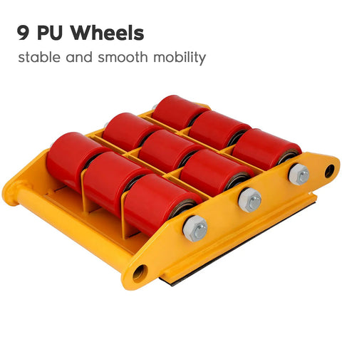 Heavy Duty Machinery Moving Skate Dolly 15T 33000Lbs With Non Slip Rubber Belt showing 9 red PU wheels on yellow frame