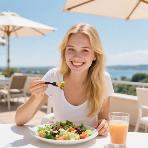 Person enjoying a salad with Mini Black Sporks 4.2 Inch 100 Pack Individually Wrapped Disposable Cutlery Set For Desserts Ice Cream Cakes