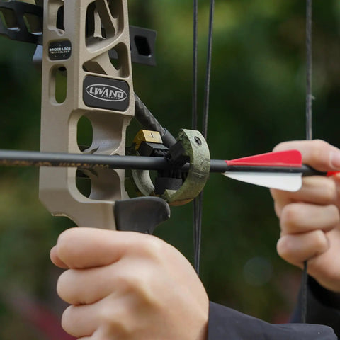 Whisker Biscuit Arrow Rest For Compound And Recurve Bows, Capture Brush Design in use with camouflage finish, close-up view.