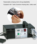 Top Shelf Electric Crimping Pliers With Integrated Wire Stripper And Cutter 90 Watt Terminal Press Tool for connecting cables.