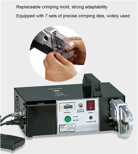 Top Shelf Electric Crimping Pliers With Integrated Wire Stripper And Cutter 90 Watt Terminal Press Tool for connecting cables.