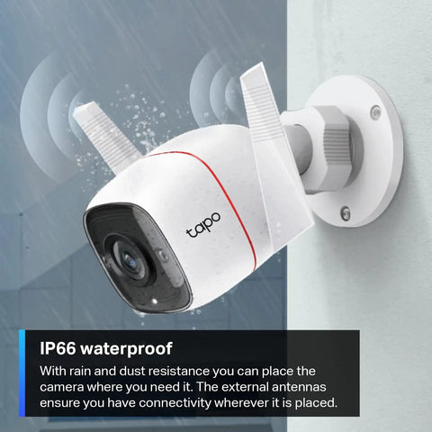2K QHD Outdoor Security Camera With 24 Hour Recording mounted showing IP66 weatherproof feature.