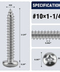 Pro Level 50 Pack 10 X 1.25 Inch Stainless Steel 304 Phillips Pan Head Self Tapping Wood Screws specifications image