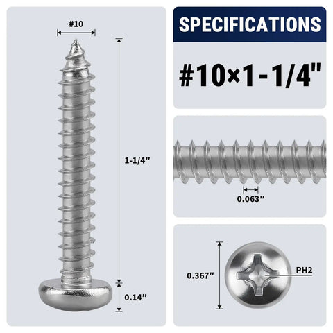 Pro Level 50 Pack 10 X 1.25 Inch Stainless Steel 304 Phillips Pan Head Self Tapping Wood Screws specifications image