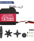 Heavy Duty 25Kg Digital Servo Motor With High Torque PWM, Full Metal Gear Steering Servo, parts and 25T horn in box