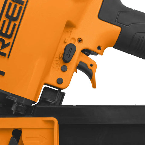 Close-up of trigger and handle on Second Generation Compact Lightweight Pneumatic Framing Nailer With 21 Degree Magazine 3 1/4 Inch