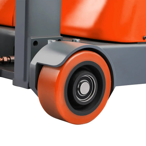 Close-up of smooth PU wheel on Heavy Duty Electric Pallet Stacker With Straddle Legs Boasting A Massive 2640 Lb Capacity And An Impressive 118 Inch Lift Height.