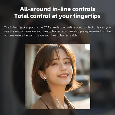 Person using headphones with in-line controls, 3.5mm jack supports CTIA standard, focus on BTR13 Bluetooth Headphone Amplifier