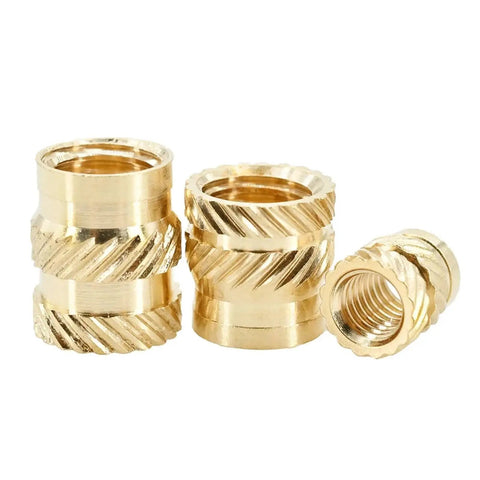 Solid Brass Knurled Insert Nuts Hot Melt Threaded Hardware for 3D Printer and Laptop Repairs M2 to M6 Sizes close-up view of brass inserts