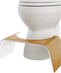 Contempo Slim Teak Finish Toilet Stool, 7 Inch Height, Brown and White in front of standard toilet, easy bathroom elevation