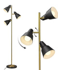 Dope Gold Tree Floor Lamp With Three Adjustable Rotating Lights, Industrial Tall Pole Metal Standing Lamp With Three LED Bulbs