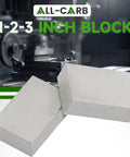 Front view of two 1x2x3 inch parallel metal blocks; hardened steel, no holes.