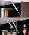 Top Shelf Kitchen Cabinet Door Gas Struts Featuring Buttery Smooth Pneumatic Lift Support For Wood Furniture Hardware, installed on cabinets.