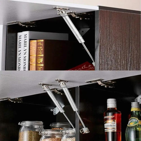 Top Shelf Kitchen Cabinet Door Gas Struts Featuring Buttery Smooth Pneumatic Lift Support For Wood Furniture Hardware, installed on cabinets.