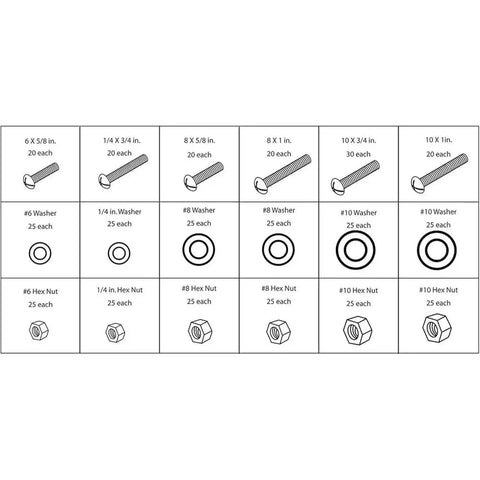 1200 Piece Nut And Bolt Assortment With Case Steel Fastener Kit For Workshop Garage And Home Repairs Durable Nuts And Bolts With Precision Threads For Smooth Engagement And Long Lasting Performance. Chart of assorted screws, washers, and hex nuts