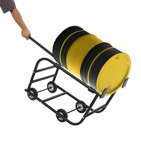 Heavy Duty Steel Drum Cradle Cart With Surefooted Wheels And Snappy Retractable Dump Bar Built To Haul 55 Gallon Barrels Up To 600 Lbs in use, carrying barrels.