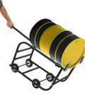 Heavy Duty Steel Drum Cradle Cart With Smooth Rolling Casters And Retractable Dump Bar For 600 Lb 55 Gallon Drums being pulled with barrels stacked.