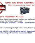 Instructions on calculating wattage for Beefy 3000W Auto Step Up Step Down Voltage Transformer Converter for home use.
