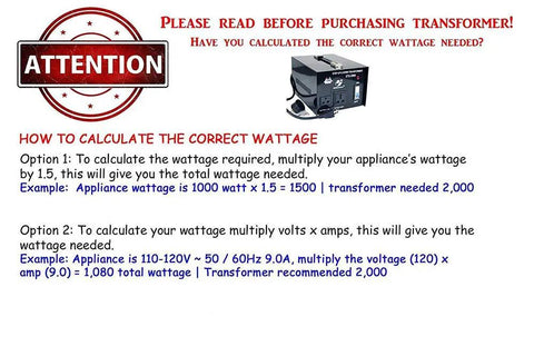 Instructions on calculating wattage for Beefy 3000W Auto Step Up Step Down Voltage Transformer Converter for home use.