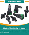 30 Piece Fuel Line Quick Connector Set For SAE 5/16 Inch Hoses, assorted nylon fittings, 90 degree elbows, shown on display