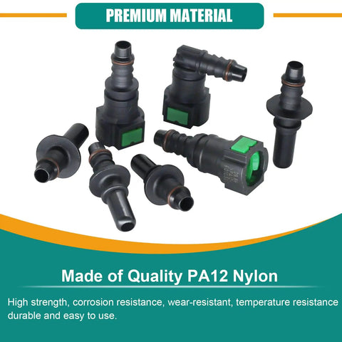 30 Piece Fuel Line Quick Connector Set For SAE 5/16 Inch Hoses, assorted nylon fittings, 90 degree elbows, shown on display