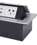 Recessed Pop Up Countertop Outlet With 20W Fast Charging Dual AC Outlets And USB A USB C Ports, gray and black finish, desk installation.