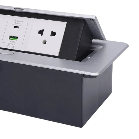 Recessed Pop Up Countertop Outlet With 20W Fast Charging Dual AC Outlets And USB A USB C Ports, gray and black finish, desk installation.