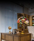 Tiffany Style Grape Rose Dope Stained Glass Table Lamp Handcrafted For Bedroom Living Room And Home Office Desk Decor With LED E26 Bulb Included 12x12x18 Inches displayed on wooden desk