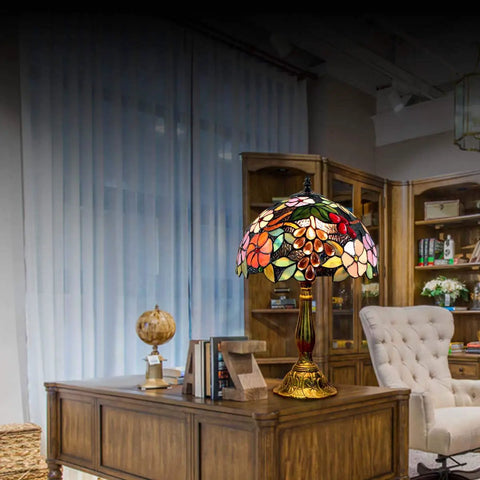 Tiffany Style Grape Rose Dope Stained Glass Table Lamp Handcrafted For Bedroom Living Room And Home Office Desk Decor With LED E26 Bulb Included 12x12x18 Inches displayed on wooden desk
