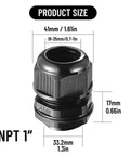 NPT 1In Cable Gland IP68 Waterproof Strain Relief Connector, PA Nylon, Black, Fits 1/4-1 Inch Cables, Side View with Measurements
