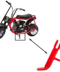 Spring Loaded Kickstand For Coleman CT100U CC100X Baja DB30 Doodle Bug Mini Bikes With Red Finish Precise 138mm Angle Rock Solid Stability Easy Mount Perfect Fit For Blitz Dirt Bug Racer Mini Bike Models attached to mini bike and separate view.