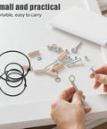 Hands holding metal clip with various hardware parts on the table, featuring Rock Solid Heavy Duty Tension Springs 4 Pack Sofa Replacement Parts.