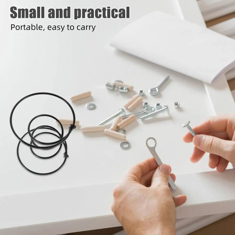 Hands holding metal clip with various hardware parts on the table, featuring Rock Solid Heavy Duty Tension Springs 4 Pack Sofa Replacement Parts.