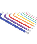 Solid Multi Color Hex Wrench Set With Long Arms For Tight Spots, CR V Steel Heavy Duty 9 Piece Key Kit Perfect For DIY Repairs And Garage Projects. 10mm to 2mm colored wrenches on white background
