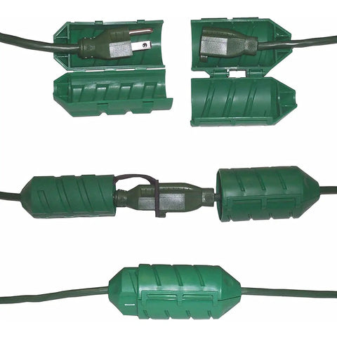 Cord Connect Water Tight Electrical Extension Cord Lock With Durable Gasket Seal For Outdoor Use Keeps Cords Connected And Dry Weatherproof Twist To Lock Connector Green 1 Pack, shown open and closed.
