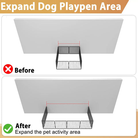 Before and after view of expanding dog playpen area using Top Shelf White Fence To Wall Anchor Kit For Tight Dog Playpen Sets.