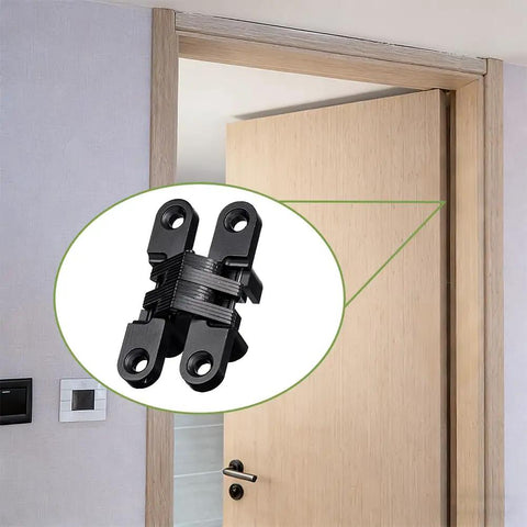 8 Pack Professional Grade Rock Solid Invisible Hidden Door Hinges With 180 Degree Full Swing For Secret Door And Concealed Cabinet Setup Featuring Smooth Operation, black hinge shown in door frame.