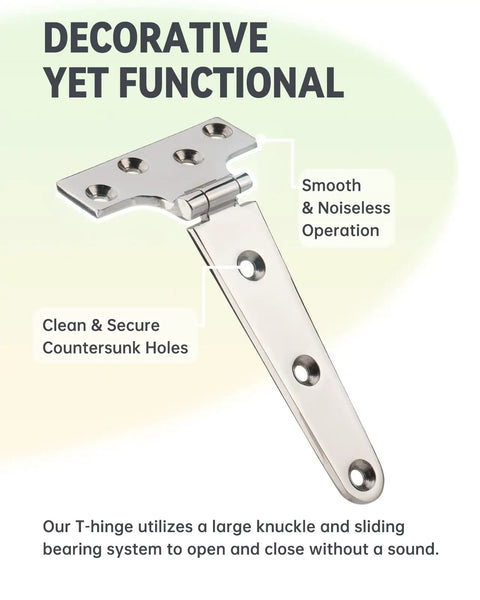 316 Stainless Steel T Hinges 6 By 3 In Built To Last Heavy Duty Marine Grade Door Hinges That Resist Rust With Mirror Polish Finish Weatherproof For Coastal Use And Harsh Environments, mirrored T hinge with countersunk holes